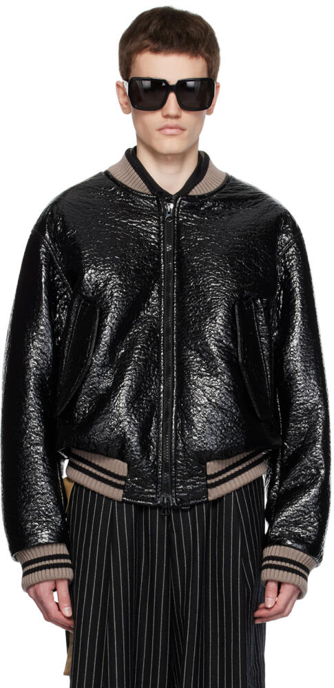 Dries Van Noten Black Crinkled Faux-Leather Bomber Jacket Cover