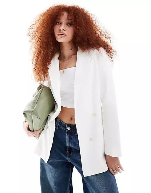 Bershka oversized double breasted blazer in white Cover