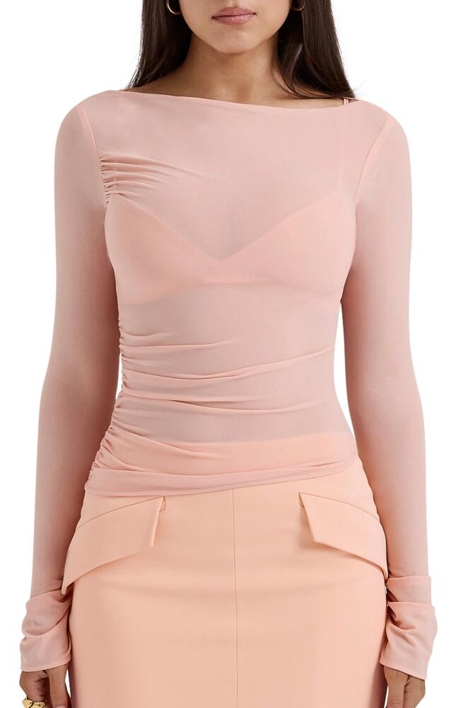 HOUSE OF CB Floria Ruched Mesh Top in Peach Nectar Cover