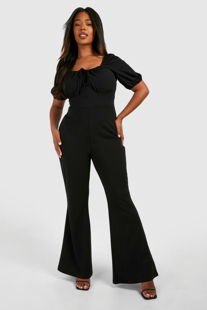 boohoo Womens Plus Milkmaid Detail Wide Leg Jumpsuit - Black Cover