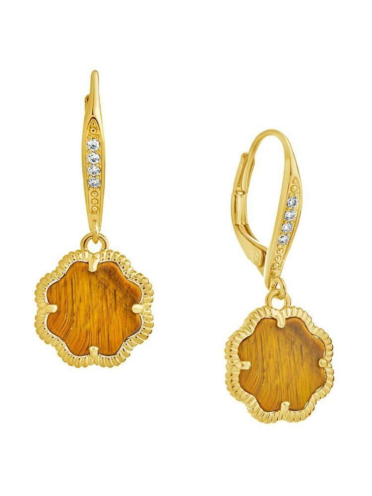 Sterling Forever Women's 14K Goldplated, Tiger's Eye & Cubic Zirconia Clover Huggie Earrings Cover