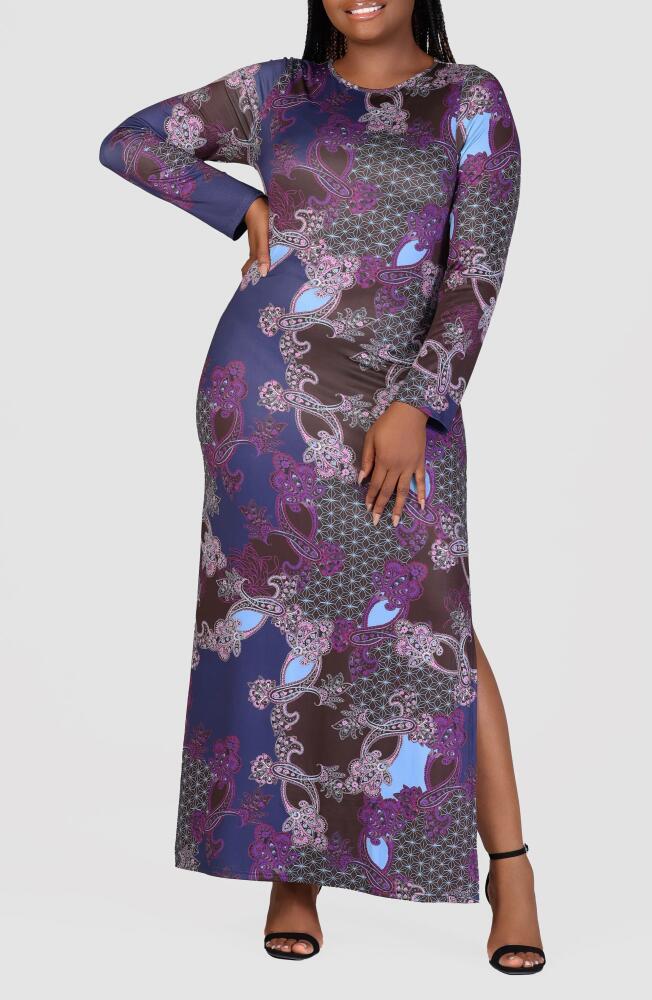 24seven Comfort Apparel Mixed Print Long Sleeve Maxi Dress in Purple Multi Cover