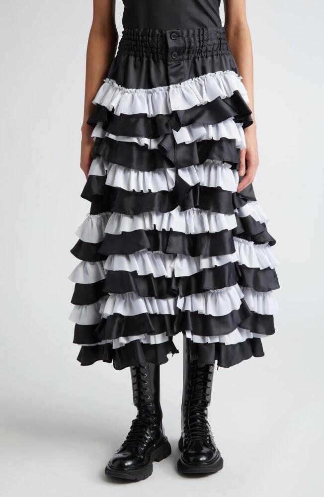 Noir Kei Ninomiya Reversible Colorblock Tiered Ruffle Satin Skirt in Black X White Cover