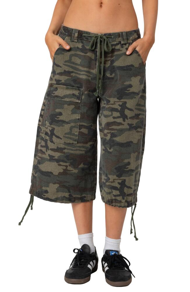 EDIKTED Camo Low Rise Cargo Bermuda Shorts in Olive Cover