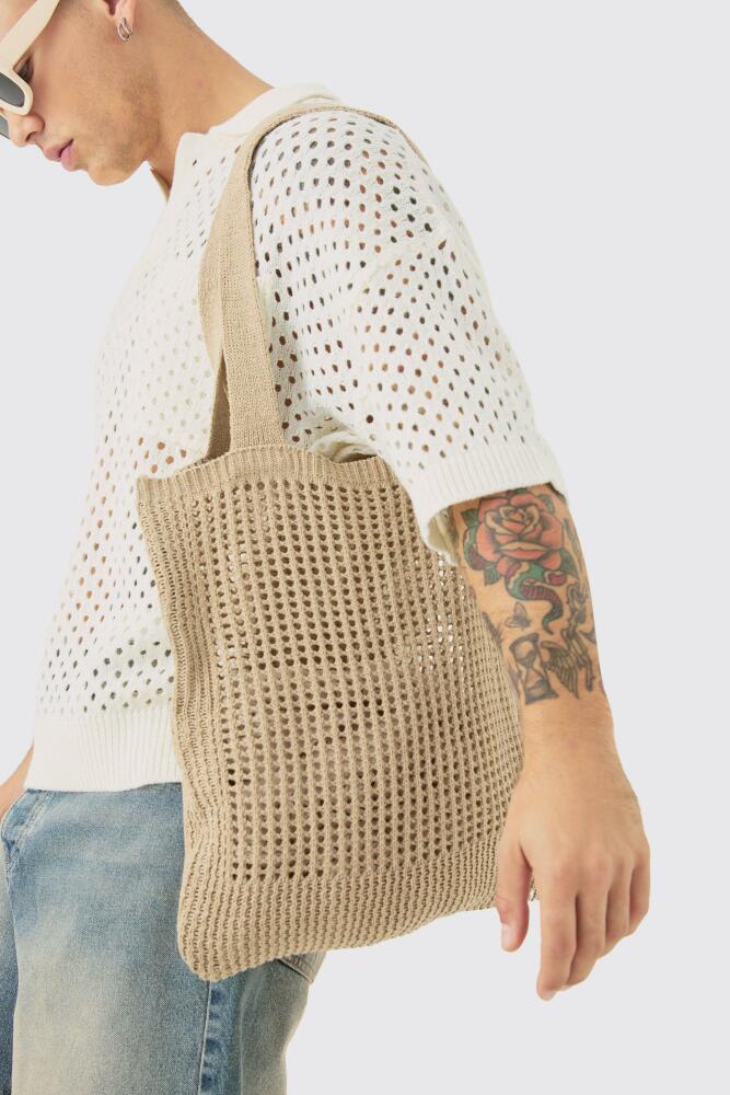 boohoo Mens Crochet Tote Bag In Stone - Beige Cover