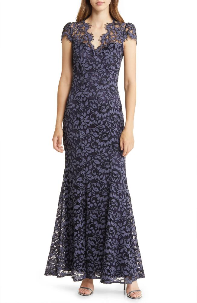 Eliza J Illusion Cap Sleeve Gown in Navy Cover