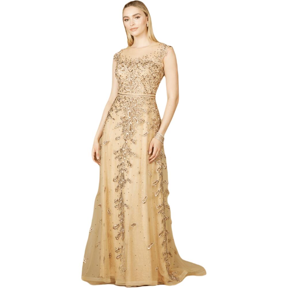 LARA New York Inspired Lace Gown with Cap Sleeves in Gold Cover