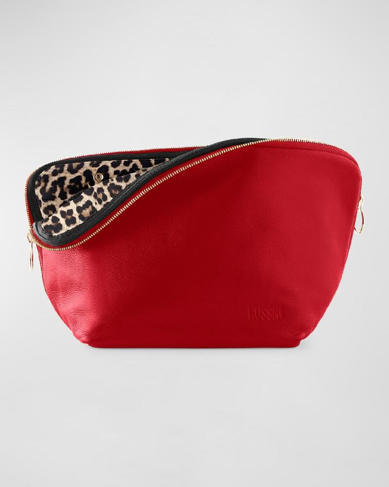 KUSSHI Vacationer Leather Makeup Bag, Red/Leopard Cover