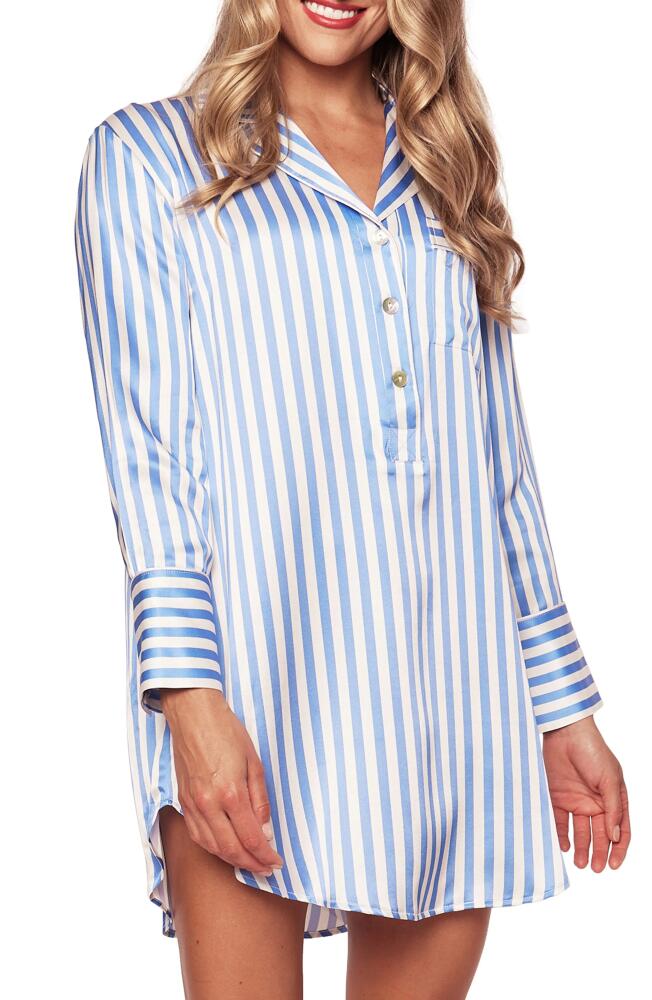 Petite Plume Stripe Long Sleeve Mulberry Silk Nightgown in Blue Cover