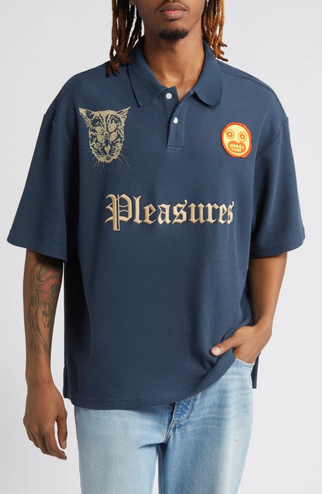 PLEASURES Wyatt Logo Boxy Piqué Polo in Navy Cover