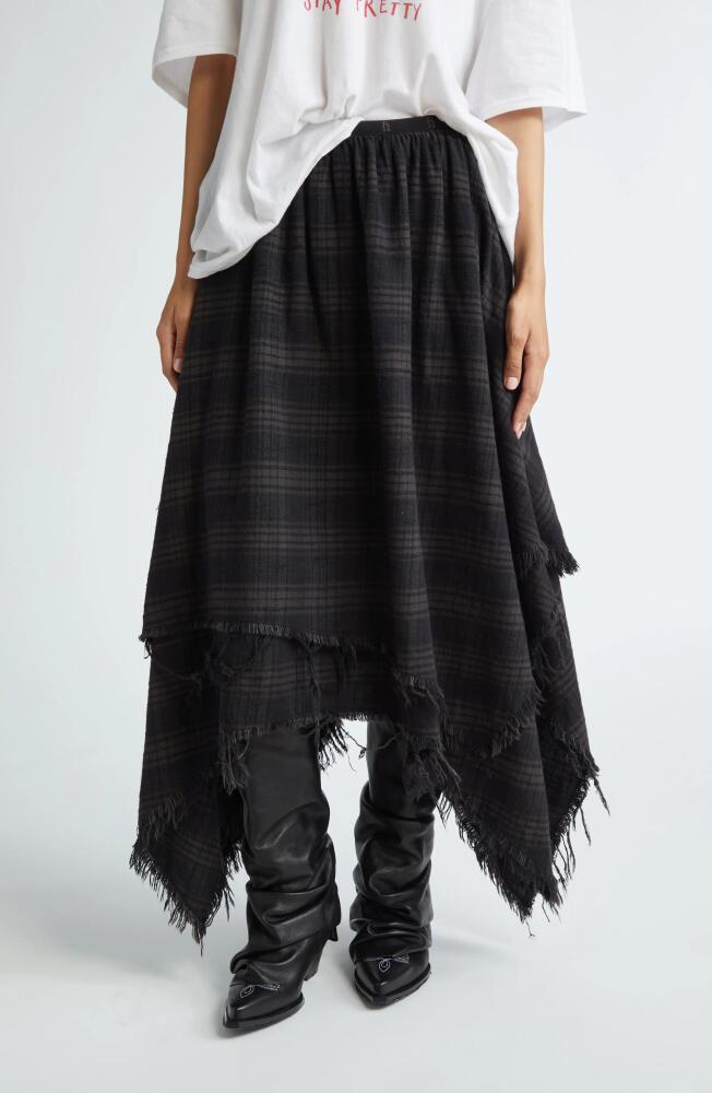 R13 Plaid Frayed Handkerchief Hem Cotton Flannel Midi Skirt in Overdyed Black Plaid Cover