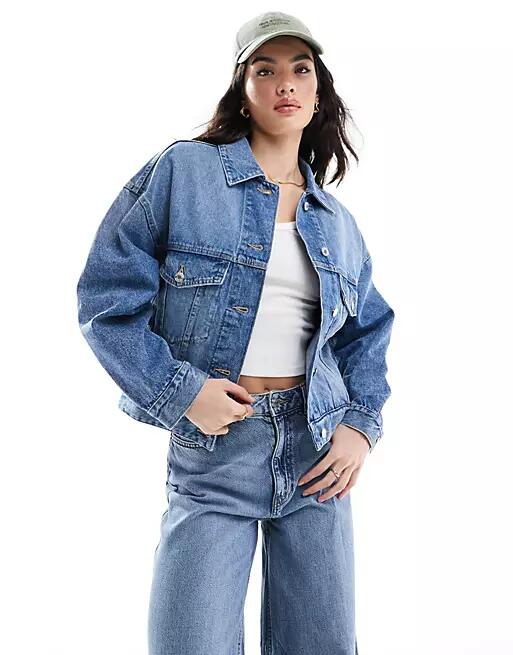 Bershka oversized denim jacket in mid wash blue Cover