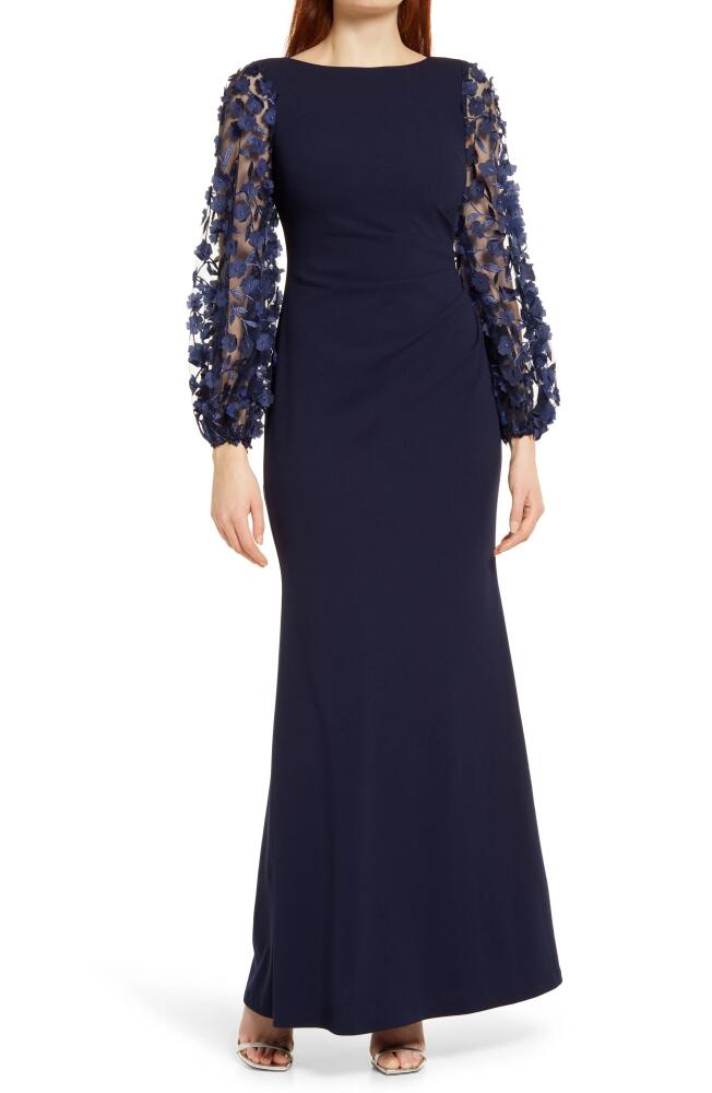 Eliza J Floral Appliqué Long Sleeve Trumpet Gown in Navy Cover