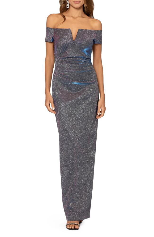 Xscape Evenings Glitter Off the Shoulder Ruched Gown in Black/Silver/Fuchsia Cover