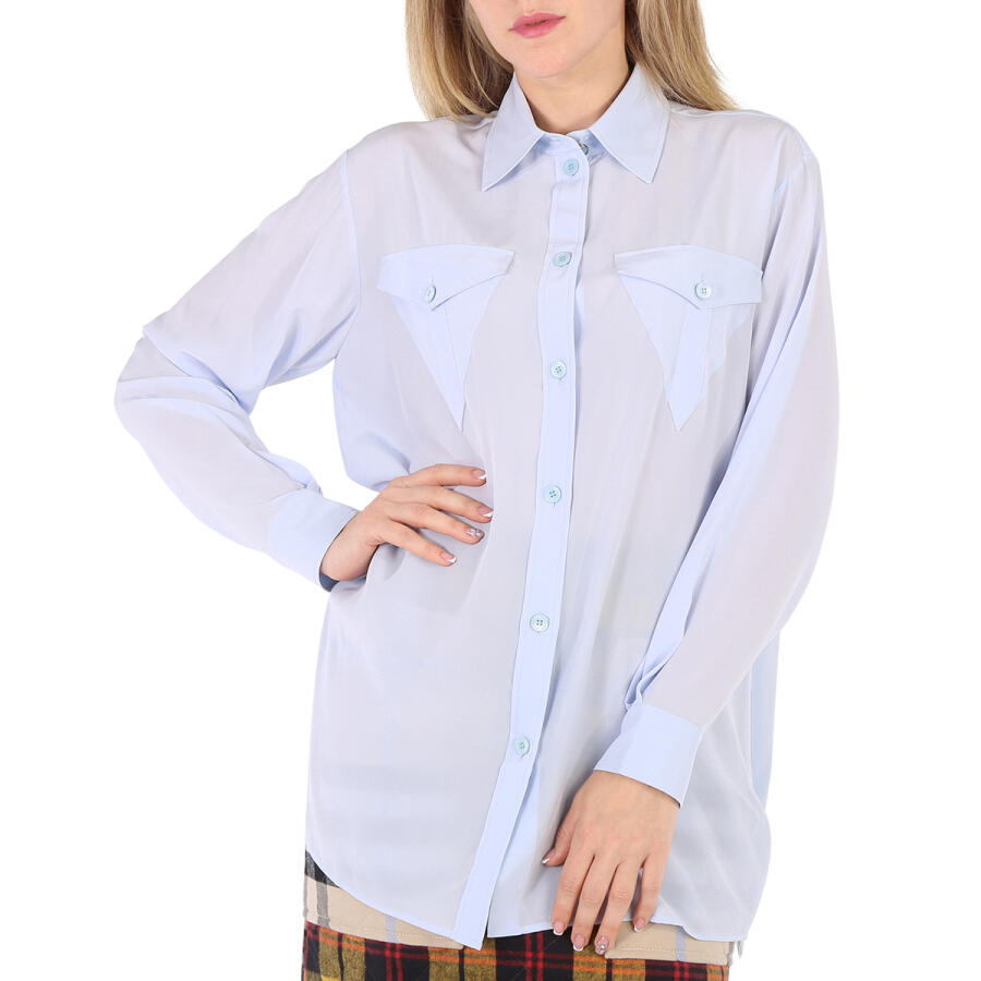 Burberry Pale Blue Irem Silk Crepe De Chine Logo Detail Oversized Shirt Cover