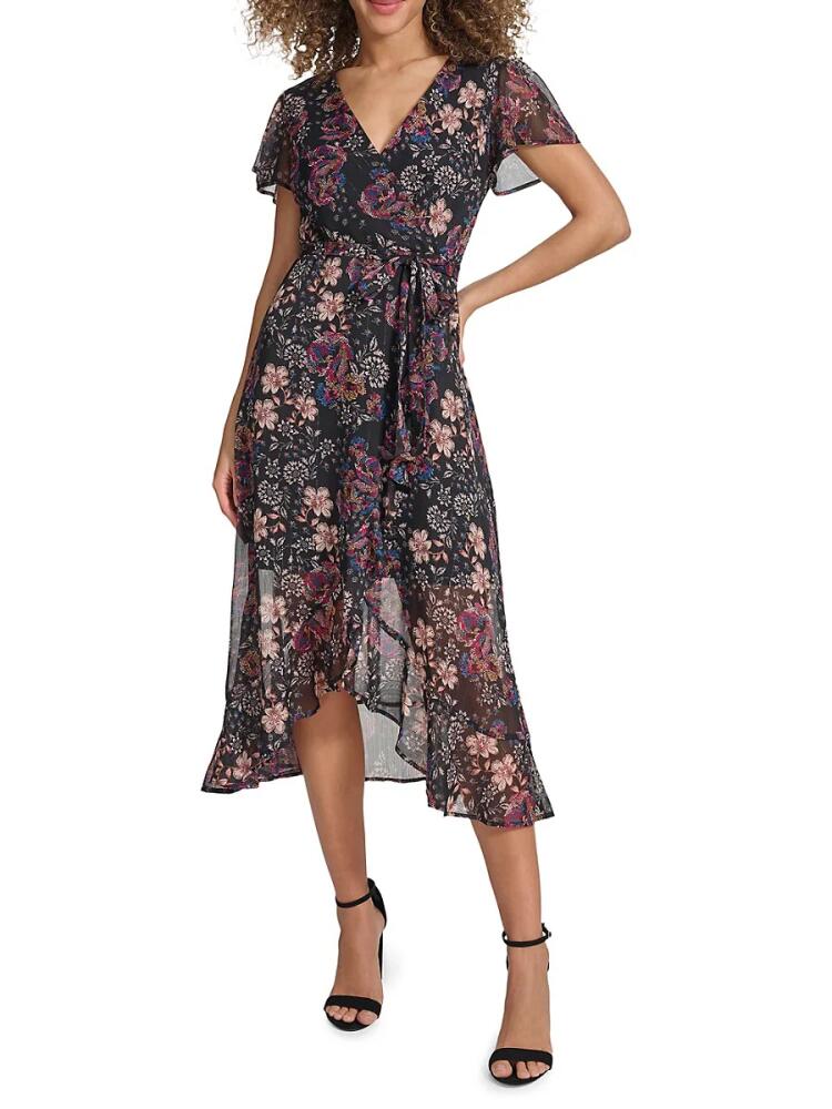 Kensie Women's Floral Chiffon Wrap Dress - Black Cover