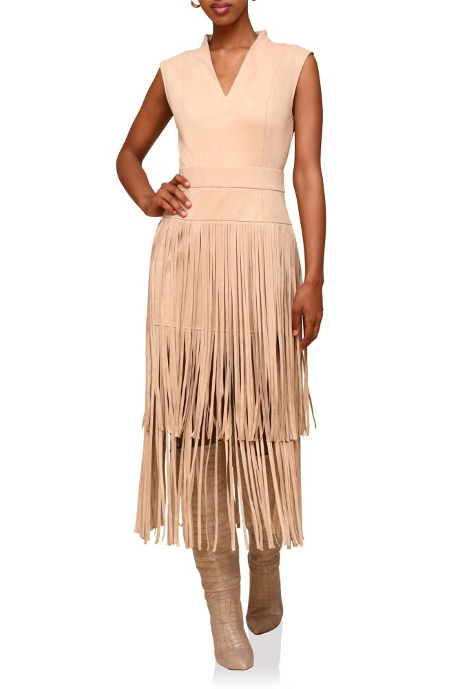 Avec Les Filles Sleeveless Fringe Dress in Biscuit Cover