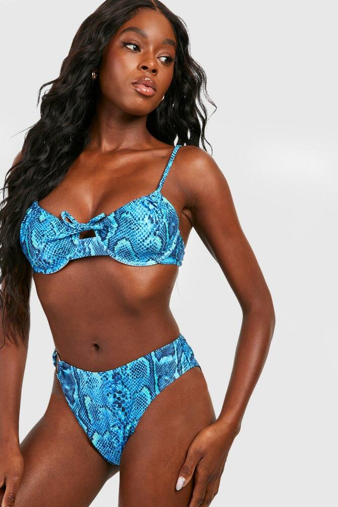 boohoo Womens Blue Snake Ruched Underwired Bikini Top Cover