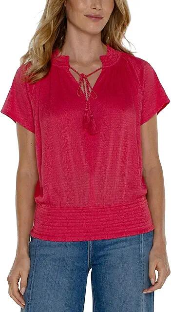 Liverpool Los Angeles Short Sleeve Smocked Raglan Knit Top with Neck Tie (Berry Blossom) Women's Clothing Cover