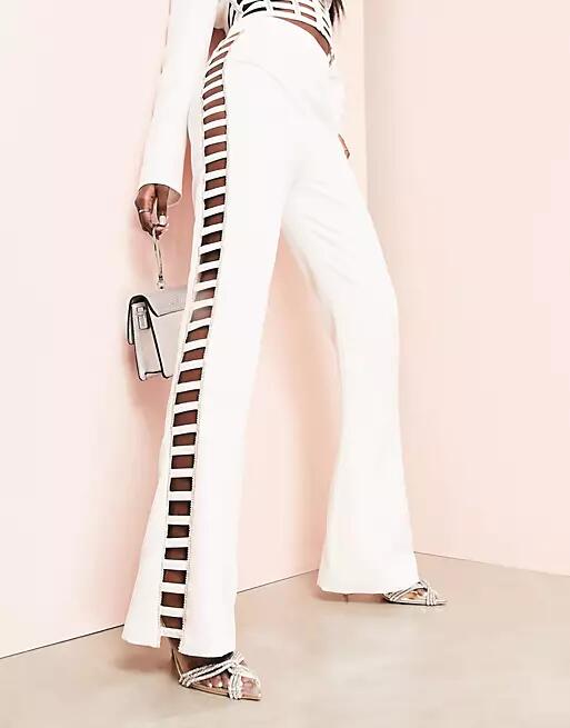 ASOS LUXE flare suit pants with diamante cut out detail in white - part of a set Cover