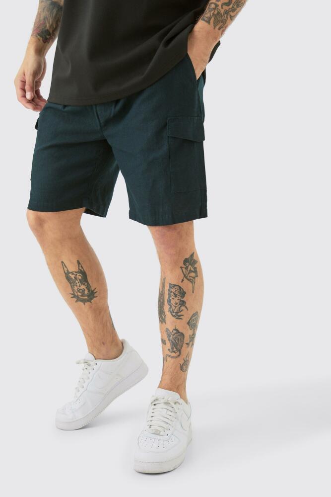 boohoo Mens Linen Elasticated Waist Cargo Shorts - Navy Cover