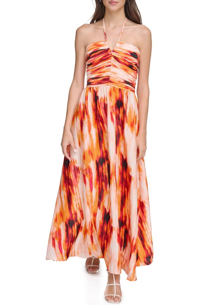 DKNY Tie Dye Halter Neck Satin Maxi Dress in Orange Blossom Multi Cover