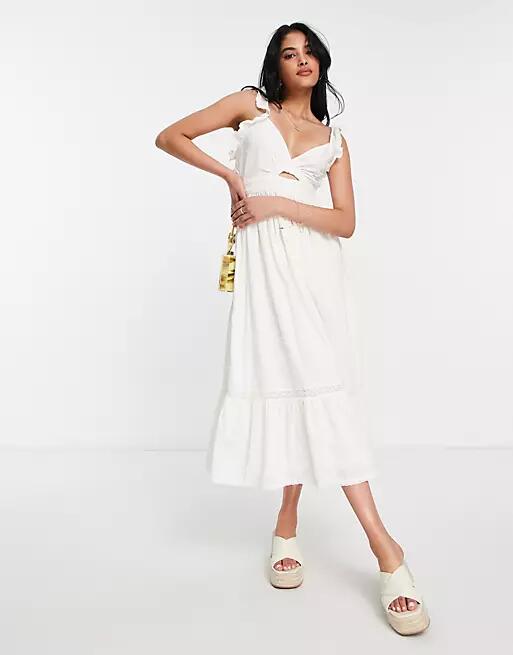 Topshop frill textured broderie cut out midi sun dress in ivory-White Cover