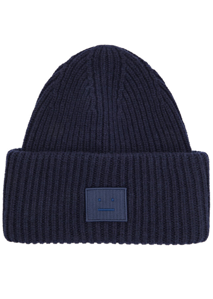 Acne Studios Pansy Logo Ribbed Wool Beanie - Navy Cover