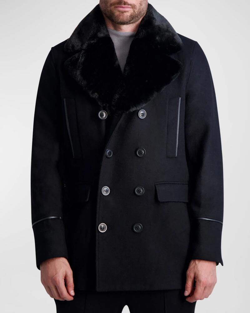 Karl Lagerfeld Paris Men's Wool Peacoat w/ Faux Fur Collar Cover