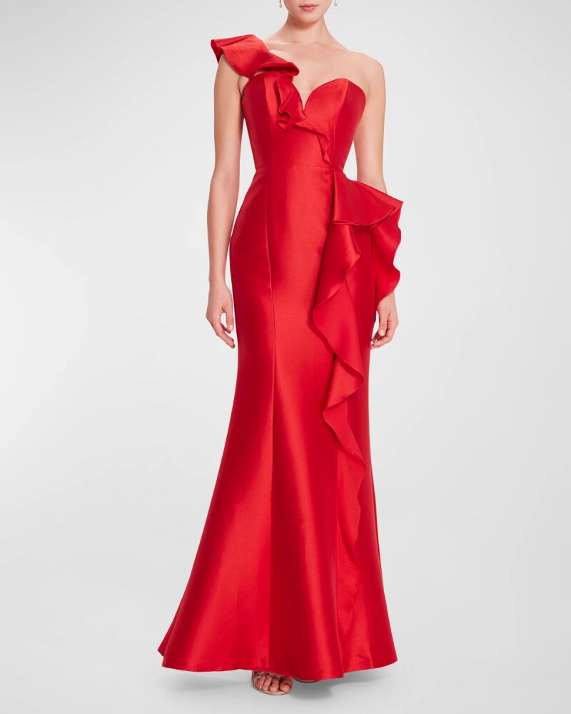 Marchesa Notte One-Shoulder Ruffle Trumpet Gown Cover