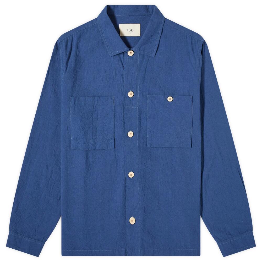 Folk Men's Patch Overshirt in Blue Crinkle Cover