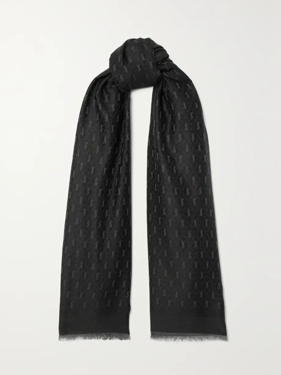 SAINT LAURENT - Fringed Wool, Cotton And Silk-blend Jacquard Scarf - Black Cover