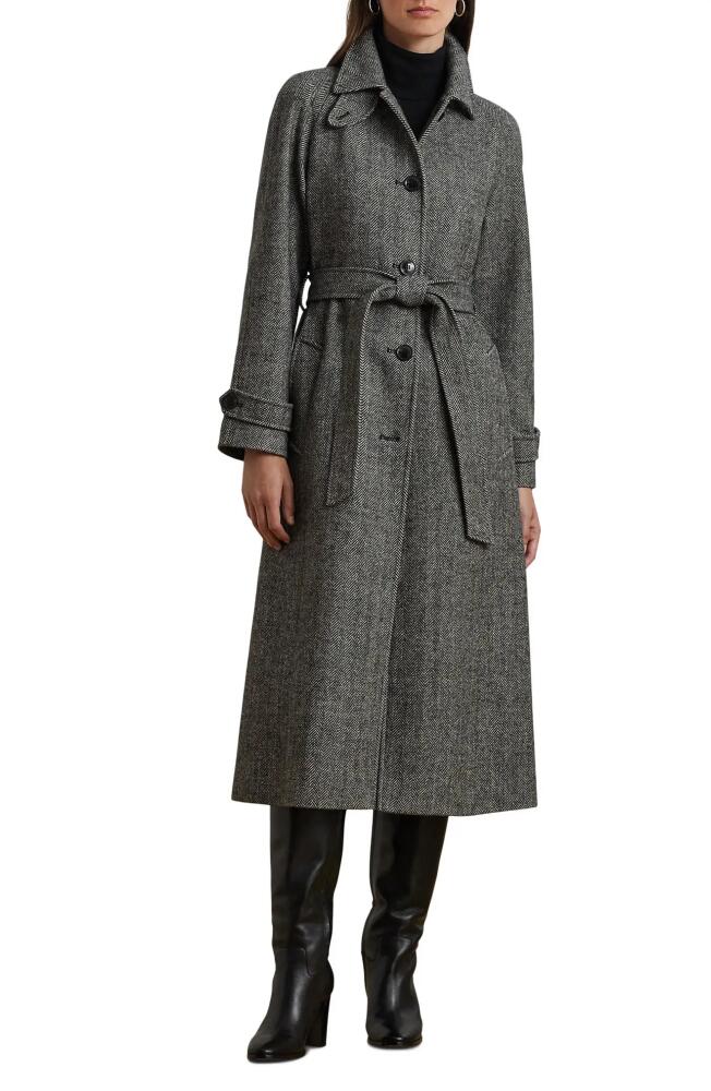 Lauren Ralph Lauren Tie Belt Single Breasted Trench Coat in Black/Cream Cover