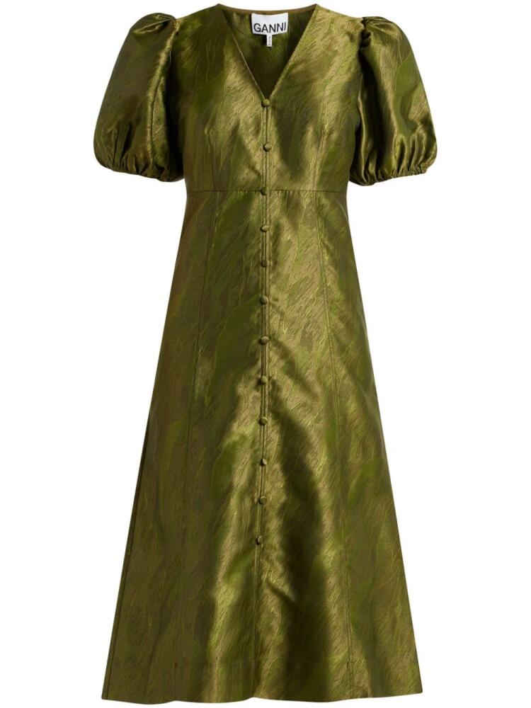 GANNI jacquard puff-sleeve midi dress - Green Cover