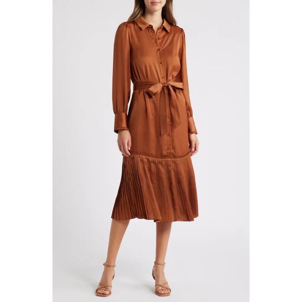 Adelyn Rae Long Sleeve Satin Shirtdress in Toffee Cover