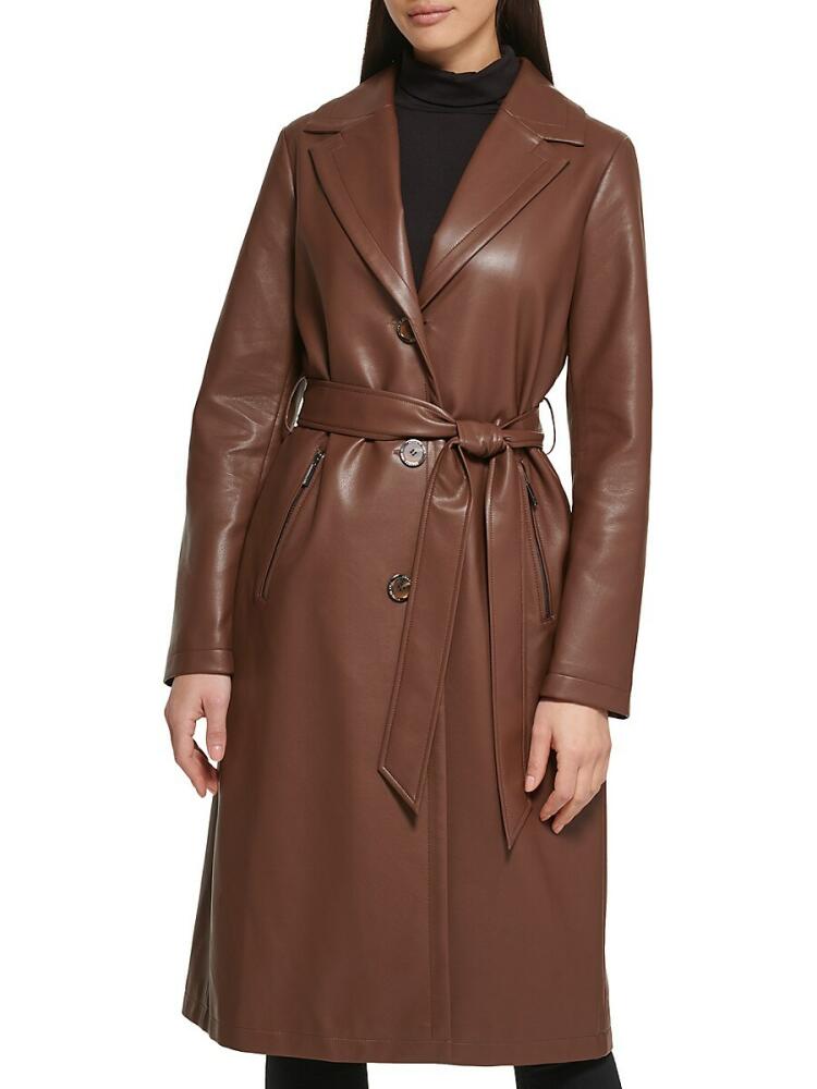 Kenneth Cole Women's Faux Leather & Faux Fur Belted Trench Coat - Coffee Cover