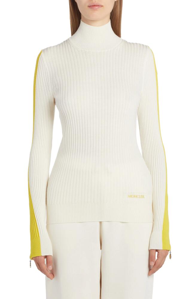 Moncler Stripe Sleeve Funnel Neck Rib Wool Sweater in White/Yellow Cover