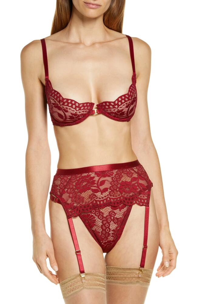 Coquette Underwire Bra, Garter Belt & Thong Set in Ruby Cover