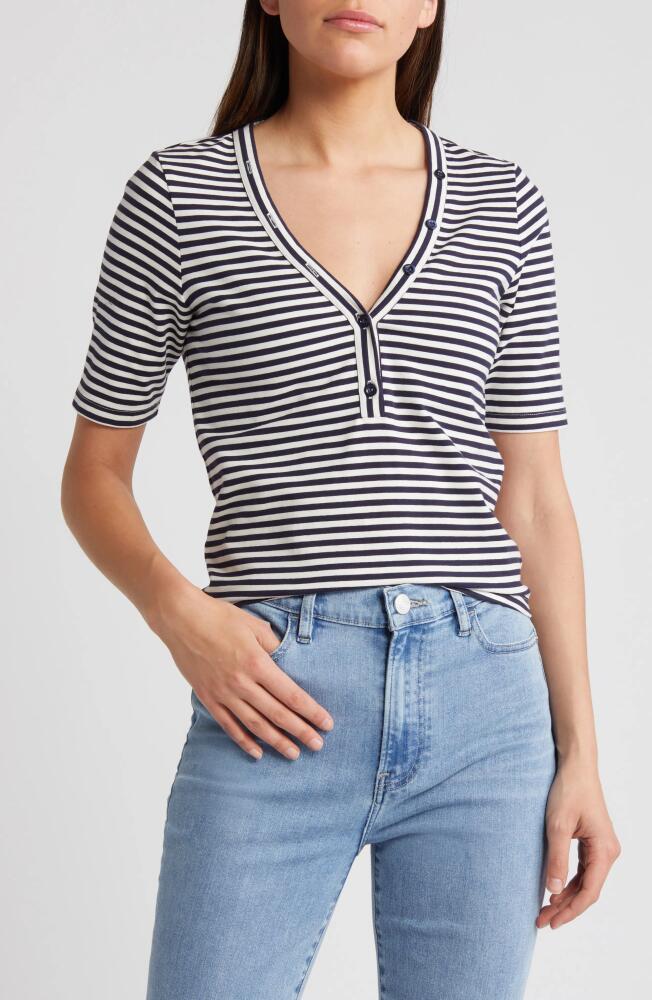 FRAME Asymmetric Button Stripe Stretch Organic Cotton Henley in Navy Multi Cover