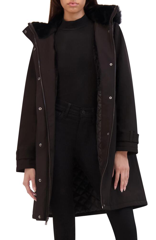 Kenneth Cole Belted Faux Fur Trim Hooded Coat in Black Cover