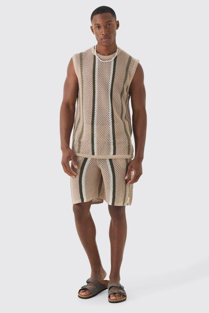 boohoo Mens Oversized Open Stitch Stripe Knitted Tank Set - Beige Cover