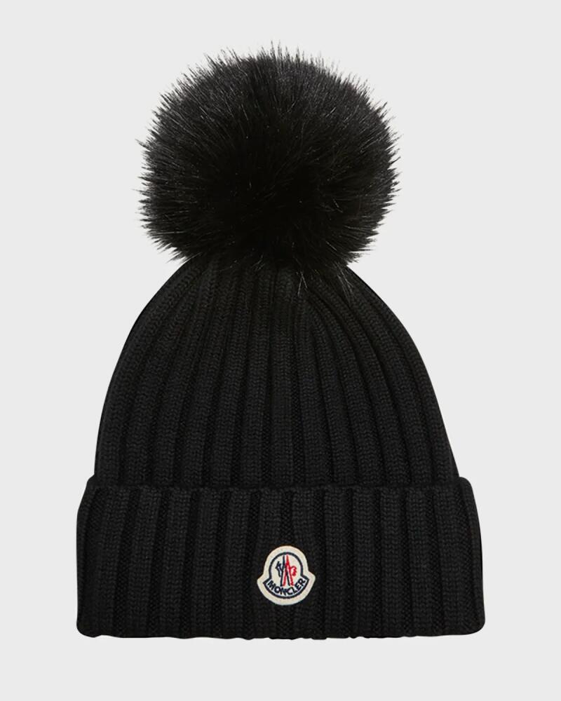 Moncler Ribbed Wool Beanie with Faux Fur Pom Cover