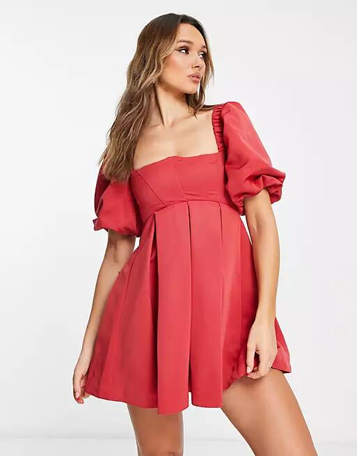 ASOS DESIGN structured prom mini dress with curved neckline detail in red-Pink Cover