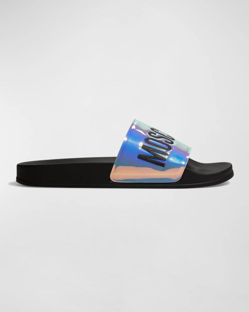 Moschino Men's Oil-Slick Logo Rubber Pool Slides Cover