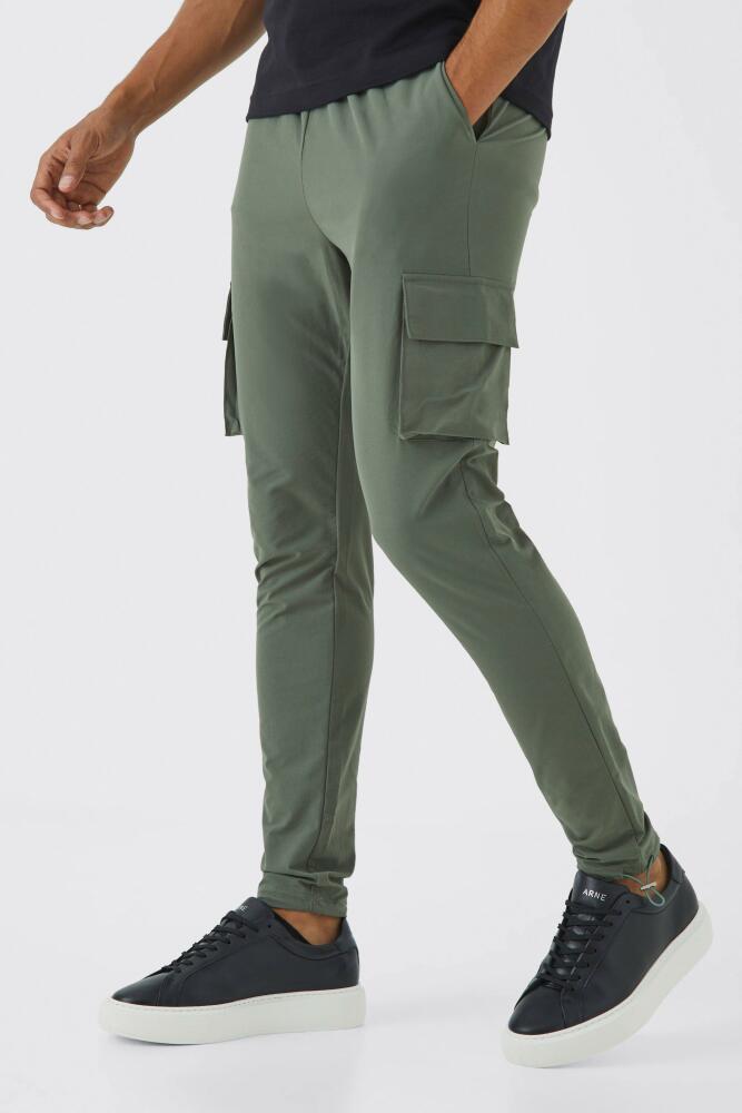 Mens Elasticated Waist Technical Stretch Skinny Cargo Pants - Green Cover