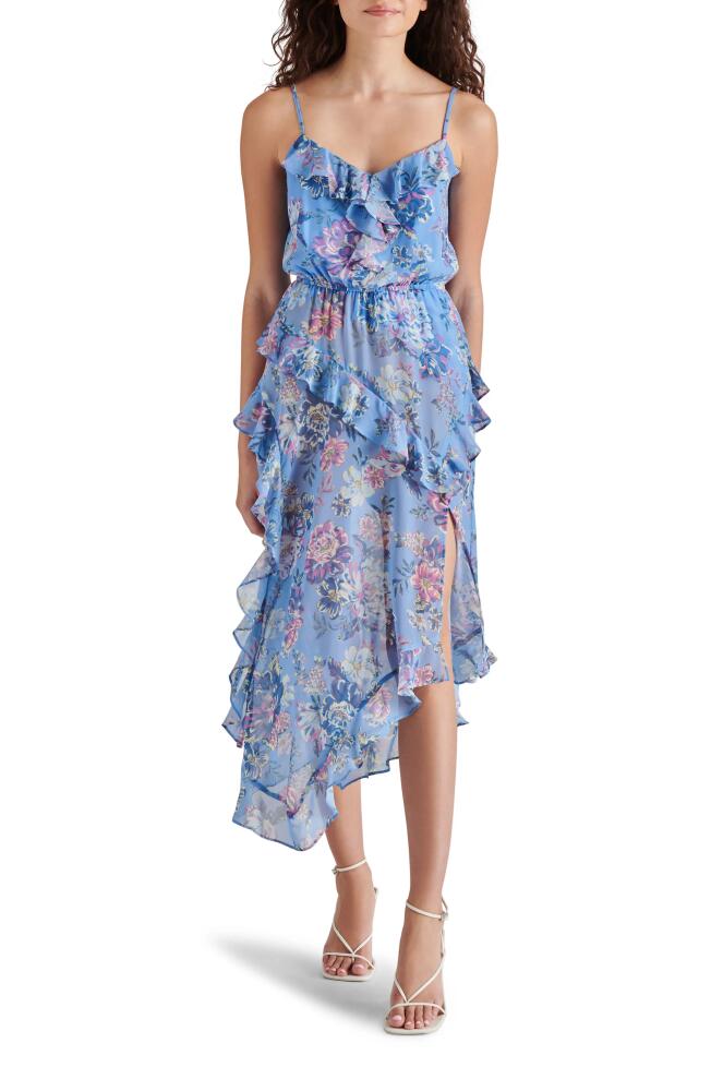 Steve Madden Delphine Floral Print Ruffle Sleeveless Chiffon Midi Dress in Azure Blue Cover