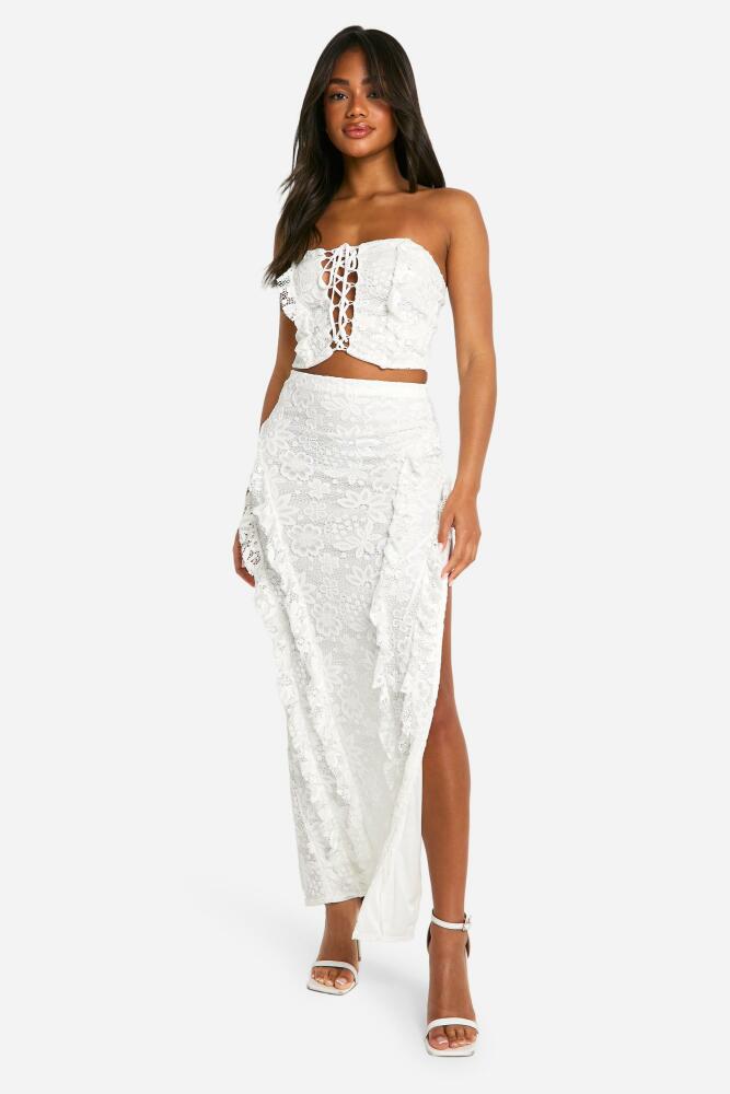 boohoo Womens Lace Ruffle Front Maxi Skirt - White Cover