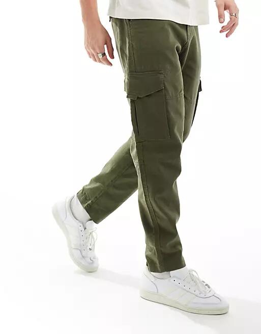 Only & Sons linen mix tapered cargo pants in olive-Green Cover