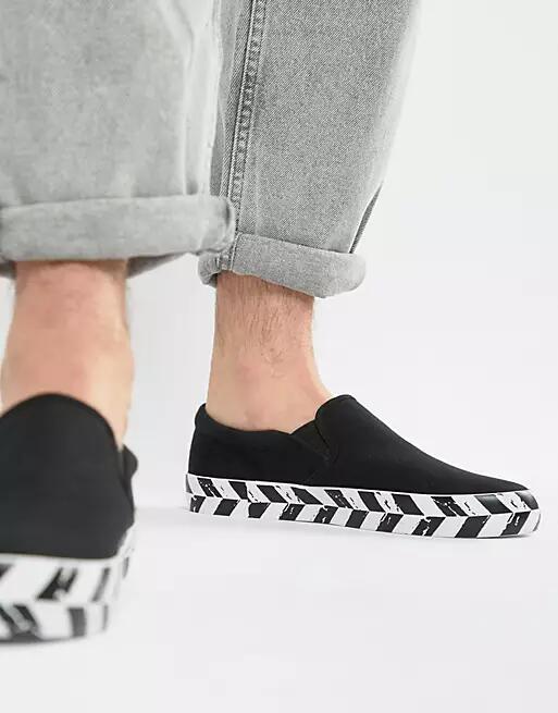 ASOS DESIGN slip on plimsolls in black canvas with diagonal checkerboard sole Cover