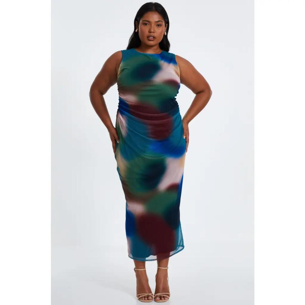 QUIZ Mesh Air Brush Round Neck Midaxi Dress in Blue Cover